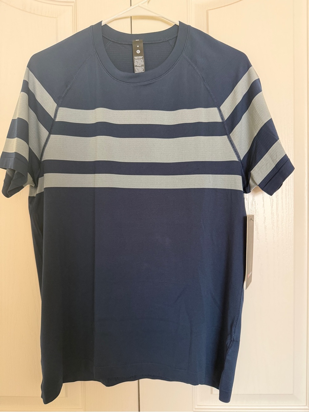 NWT Lululemon Metal Vent Tech Short Sleeve Shirt Navy Blue Stripe Size M
